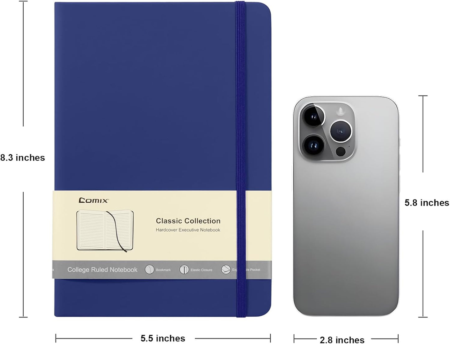 Comix 6 Pack Lined Journal Notebooks for Work, 240 Pages, 5.5"x8.3", Navy Blue, Hardcover, A5 Medium College Ruled, Journaling Notebooks for Notes-taking, Fits for Office School Home