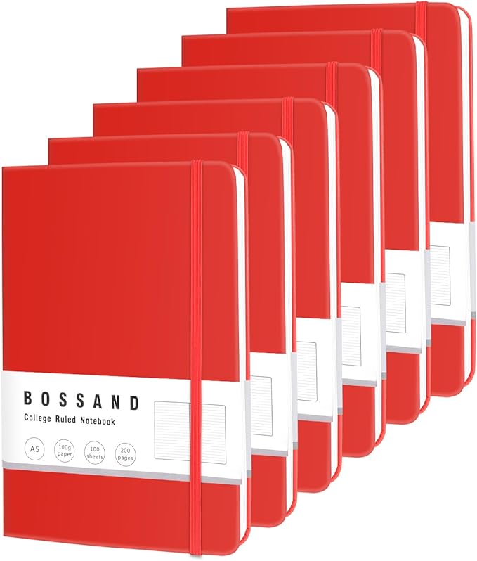 BOSSAND College Ruled Notebooks, 6 Pack A5 Lined Journal Notebooks, 200 Pages 100 GSM Thick Paper, Hardcover, 8.25 inches x 5.75 inches, Red