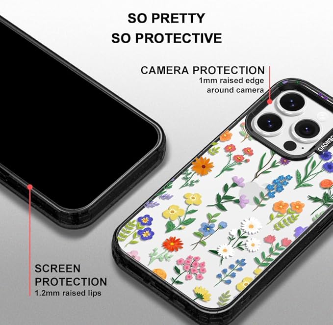 MOSNOVO Case for iPhone 14 Pro, [10ft 4X Military-Grade Drop Protection] Durable & Shockproof Phone Case Cover Design for iPhone 14 Pro - Botanical Floral - Clear Black