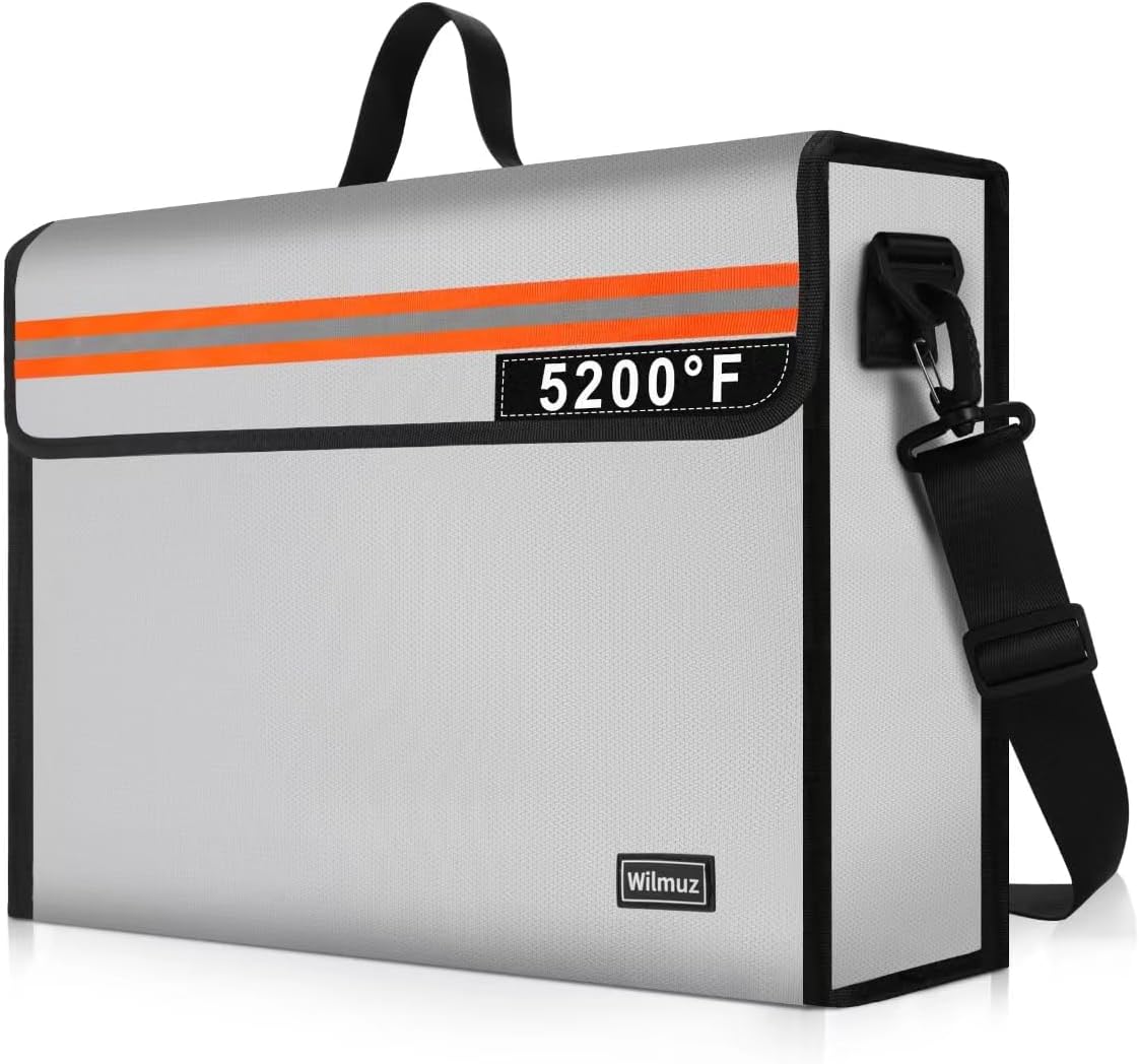 Fire Proof File Box for Documents with Shoulder Strap 5200℉ Insulated,14.9"x11.8"x4.7"Fireproof Document Bag with Reflective Strip,Fireproof Box for Money,Valuables,Jewelry(Silver)