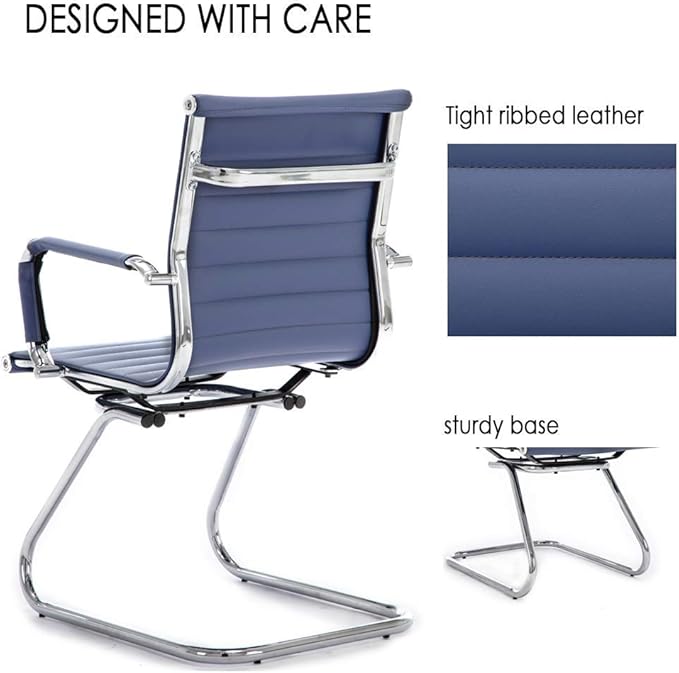 Office Desk Chair Set of 8,No Wheels PU Leather Computer Chairs Mid Back Guest Chairs with Seld Base for School/Reception/Conference/Waiting Room,Navy Blue