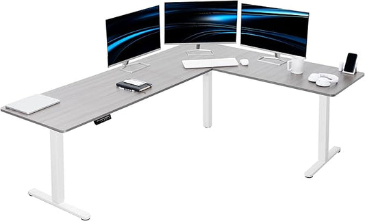 VIVO Electric Corner L-Shaped 84 x 63 in Standing Desk, Memory Height Adjustment, Dark Gray Top White Frame, DESK-E3CTWG-84