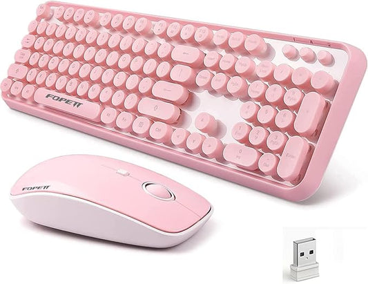 FOPETT Wireless Keyboard and Mouse Combo, 104 Keys Full-Sized 2.4 GHz Round Keycap Colorful Keyboards, USB Receiver Plug and Play, for Windows, Mac, PC, Laptop, Desktop (Pink)
