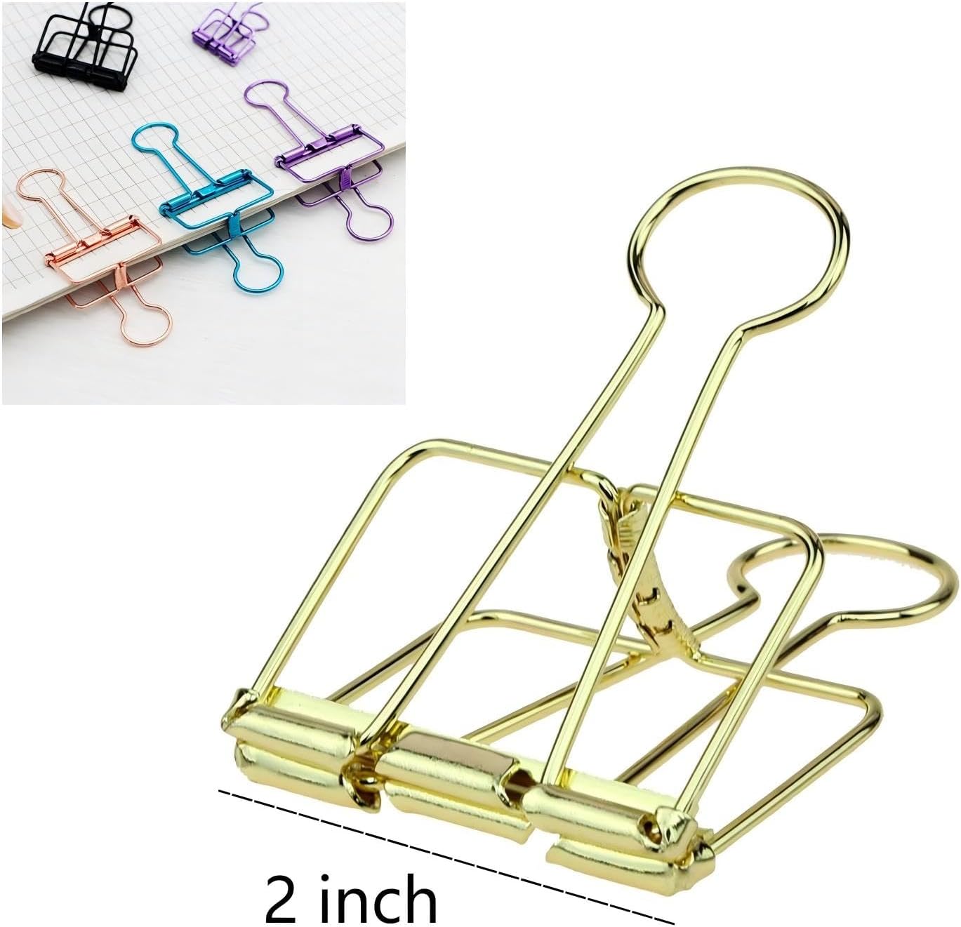 Gold Binder Clips Set, 2 Inch Wire Clips for Paper and Office Organization, Large Binder Clips,6 Pack