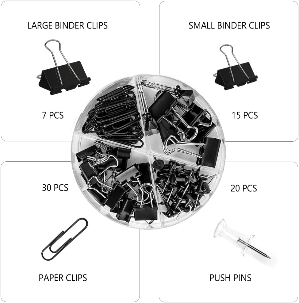 Paper Clips and Binder Clips Set, Metal Assorted Sized Binders with Push Pins, Black Office Supplies for Desk, Durable Desk Accessories