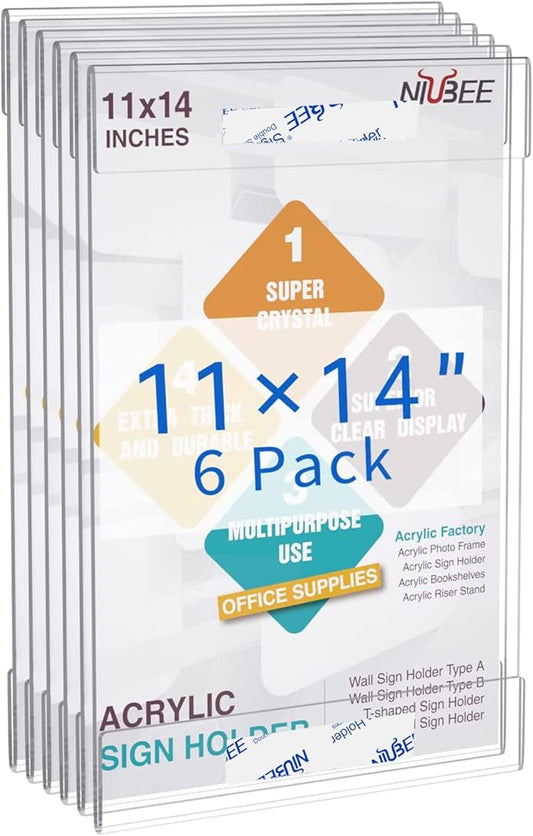 Niubee 11x14 inch Wall Mount Acrylic Sign Holder with Double Sided Adhesive Tape for Office, Home, Store, Restaurant, No Drilling - Vertical (6 Pack)