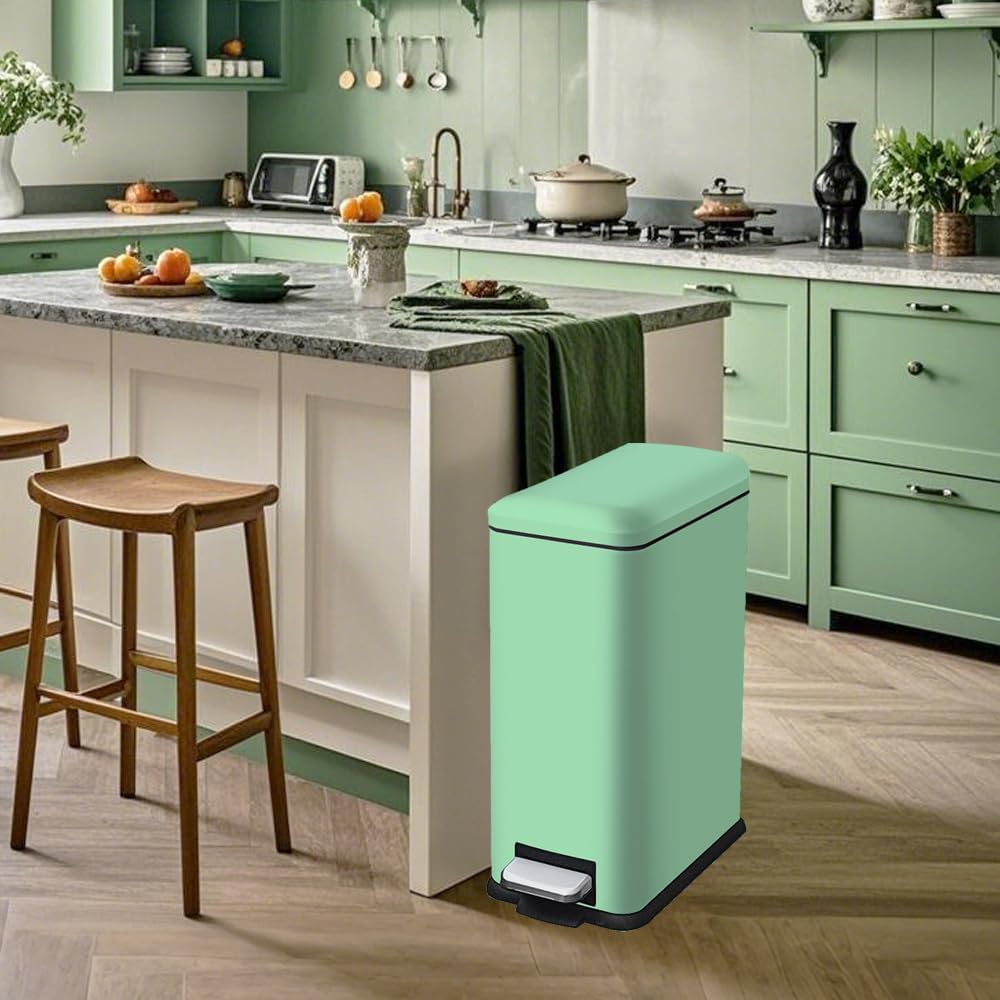12 Gallon Slim Kitchen Trash Can, Stainless Steel Trash Can with Removal Inner Bucket and Soft-Close Lid, Pedal Garbage Can 45 Liter, Green