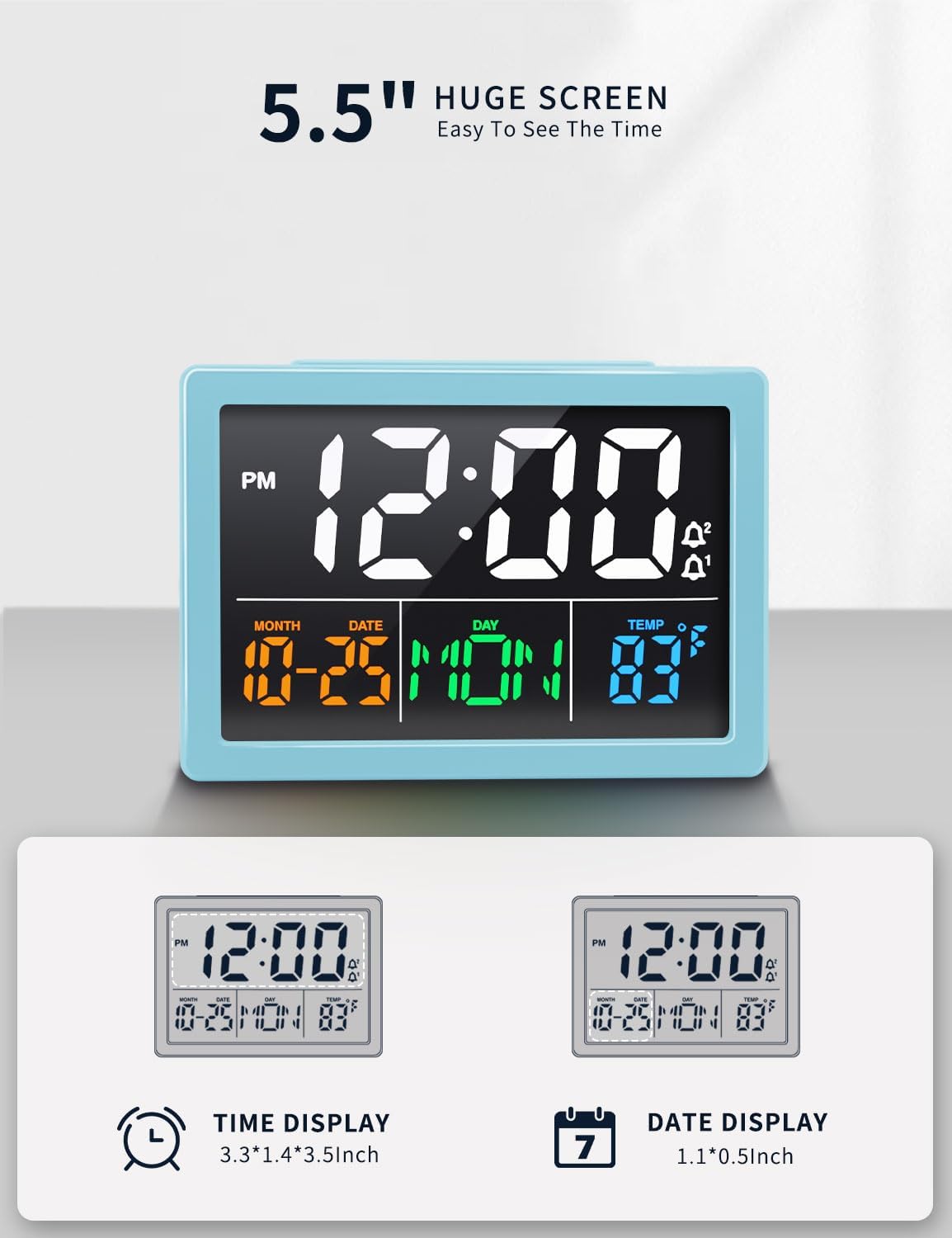 Digital Alarm Clock, with 5.5" Large LED Time Display, Adjustable Alarm Volume, 6 Level Brightness, Alarm Settings, USB Charger, Temperature Detect, Snooze, Clocks for Bedroom, Bedside, Desk, Blue