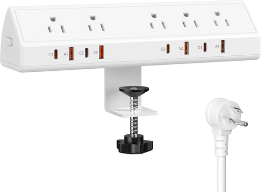 Desk Clamp Power Strip 65W Fast Charging Station,4 PD USB-C,5 Outlets,Nightstand Desk Edge Mount Tower Surge Protector,15 Amp Heavy Duty Power Strip,Fits 1.96" Tabletop Edge (White, 10 FT Cable)