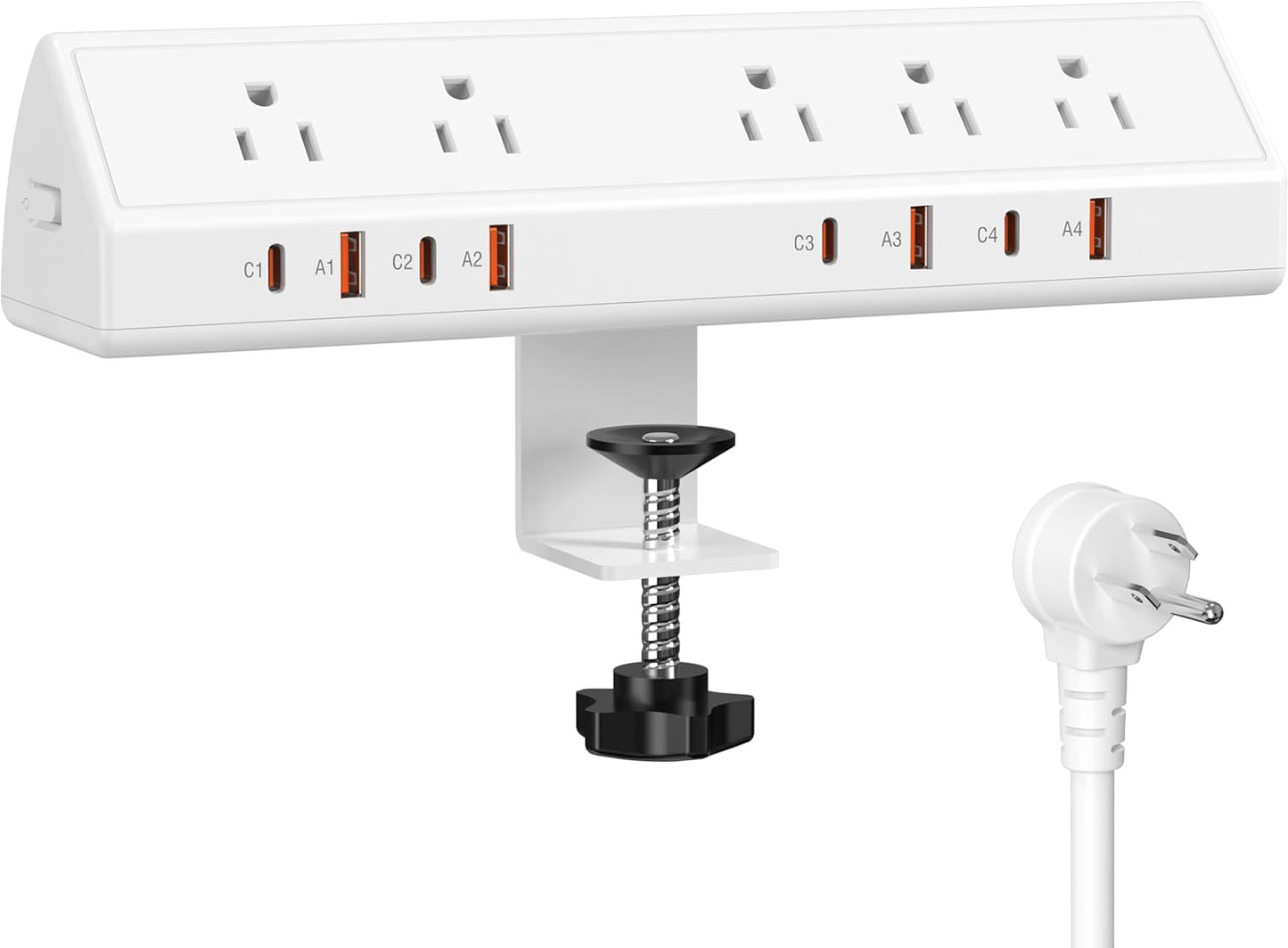 Desk Clamp Power Strip 65W Fast Charging Station,4 PD USB-C,5 Outlets,Nightstand Desk Edge Mount Tower Surge Protector,15 Amp Heavy Duty Power Strip,Fits 1.96" Tabletop Edge (White, 6 FT Cable)