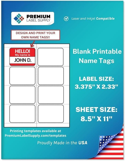 Premium Label Supply Blank Printable Name Tag Stickers - 2-1/3" x 3-3/8" - Laser/Inkjet Compatible – (8 per Sheet) 100 Sheets – 800 Total Adhesive Name Tags