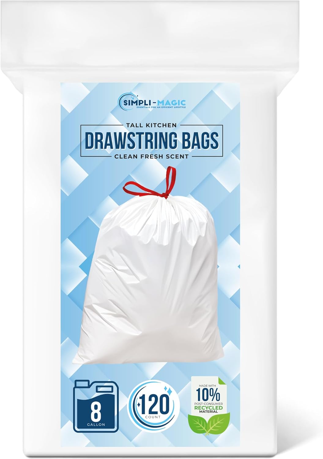 SIMPLI-MAGIC 8 Gallon Drawstring Trash Bags, 120 Pack – Tall Kitchen Garbage Bags, Custom Made with Premium Materials (White)
