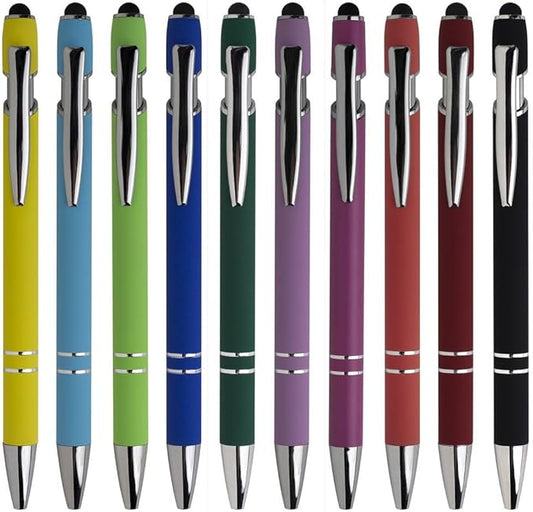 10-Pack Ballpoint Pens with Stylus Tip, Black Ink, 1.0mm Medium Point, Matte Metal Barrel, Assorted Colors – Soft Touch Grip for Office, School