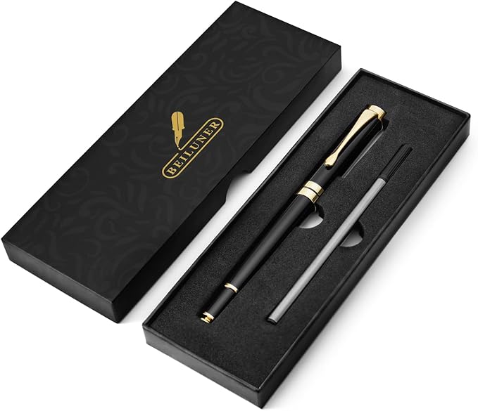 BEILUNER Ballpoint Pens, Stunning Black Chrome Metal Pen with Golden Trim, Best Ball Pen Gift Set for Men & Women, Professional, Executive, Office, Nice Pens-Gift Box with 0.5mm Black Extra Refill