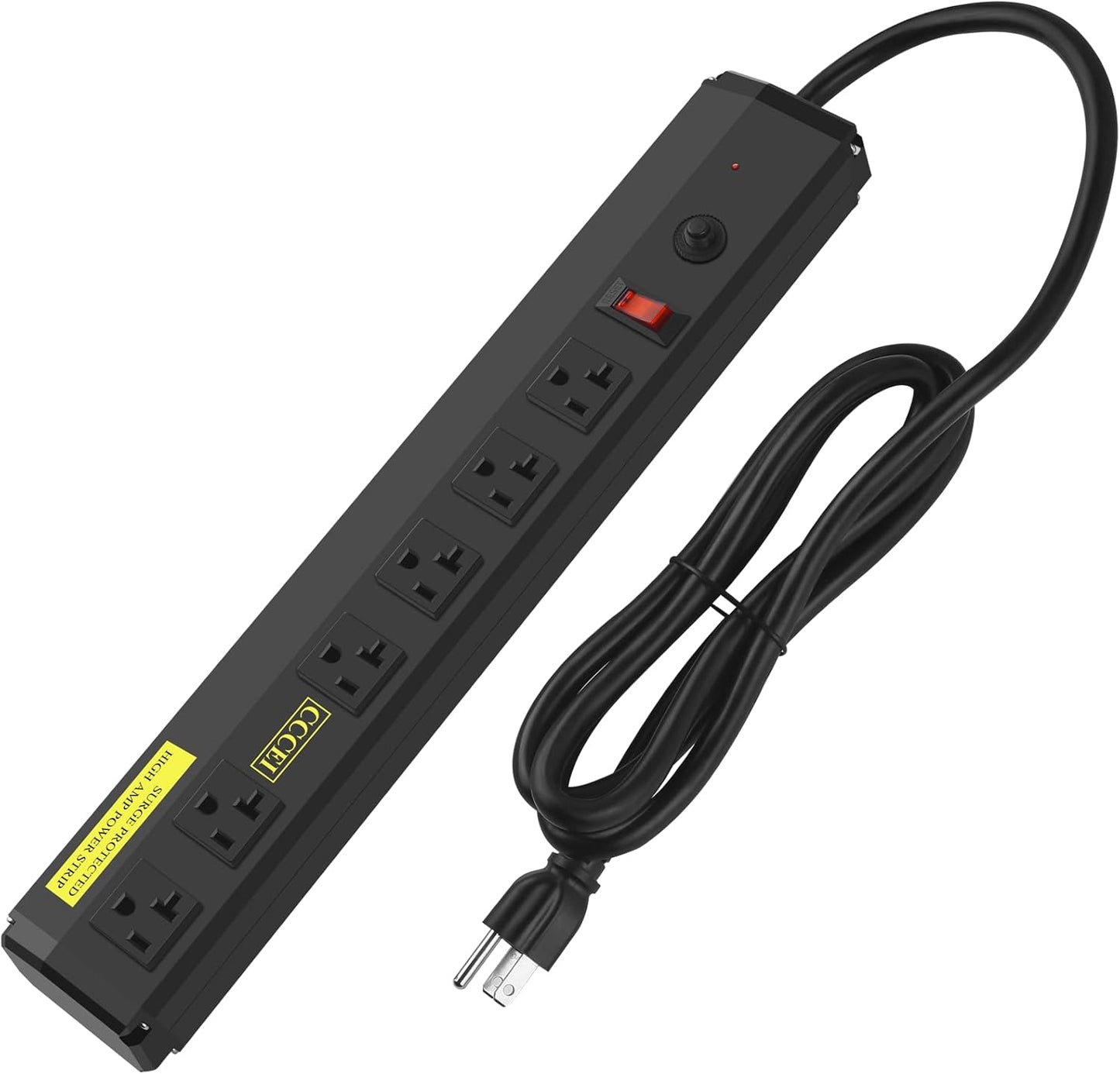 CCCEI Heavy Duty Power Strip Surge Protector 20 Amp, High Amp Industrial Shop Garage Metal Multiple Outlets, 15 FT 12 Gauge 5-15P Extension Cord 6 Outlet 6-20R T-Slot 20a for Appliance. Black.