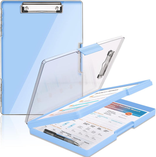 Clipboard with Storage,Heavy Duty Clip Boards 8.5x11 with 2 Storage Case,Clear Visible Top Panel Storage Clipboard,Side Opening Clip Boards,Nursing Clipboard Folder Case for Office Supplies-Aqua Blue