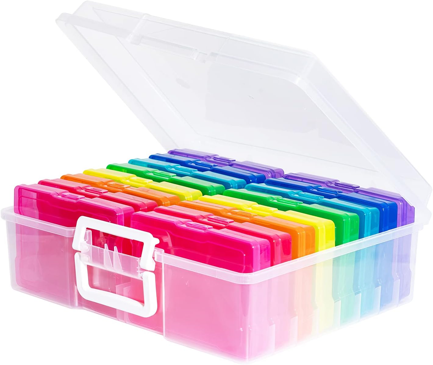 novelinks Transparent 4" x 6" Photo Cases and Clear Craft Keeper with Handle - 16 Inner Cases Plastic Storage Container Box (Multi-colored)