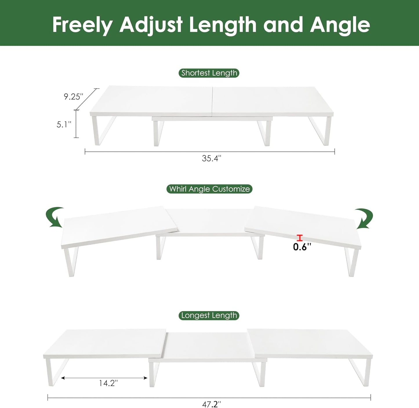 Dual Monitor Stand Riser w/ Drawer & Metal Leg, Large White Computer Monitor Riser w/ Storage For 2 Screens, Desk Shelf w/ Adjustable Length & Angle, Desktop Organizer