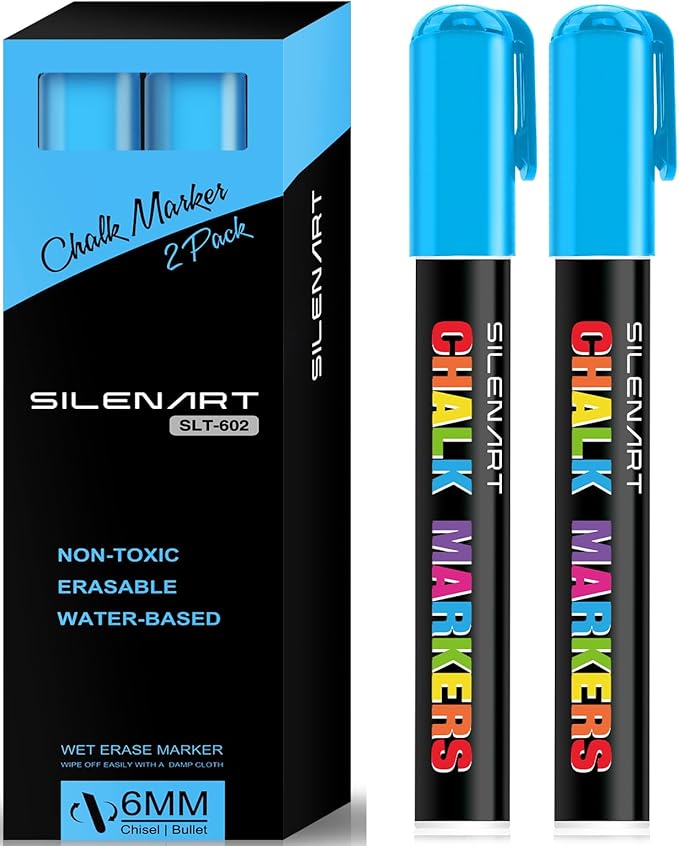 SILENART Blue Chalk Markers 2 Pack - Blue Dry Erase Markers Pen - Liquid Chalk Markers for Chalkboard, Window, Glass, Mirror, Blackboard - 3-6mm Reversible Tip