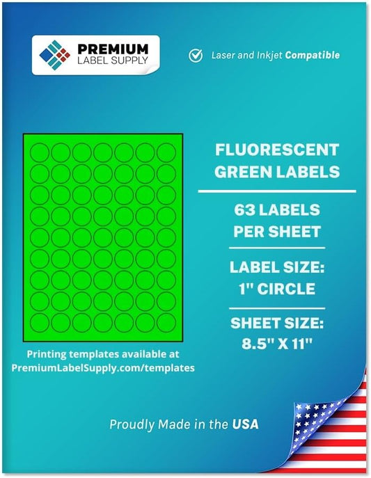 Premium Label Supply Bright Neon Color Fluorescent Sticker Labels - 1" Round Labels - (Fluorescent Green, 63,000 Labels)
