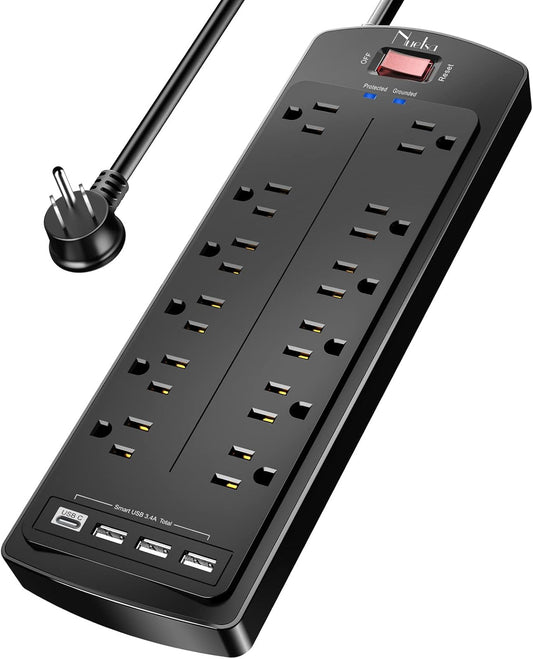 Power Strip, Nuetsa Surge Protector with 12 Outlets and 4 USB Ports, 6 Feet Flat Plug Extension Cord (1875W/15A) for for Home, Office, Dorm Essentials, 2700 Joules, ETL Listed (Black)