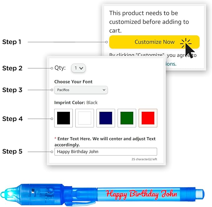 Personalized Invisible Disappearing Ink Pen Marker, Custom Secret Spy Message Writer with UV Light, Fun Activity Entertainment for Kid Party Favors Ideas Gifts and Stock Stuffers, 12 Pack, Blue