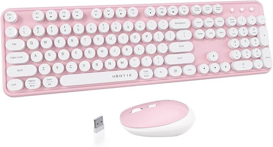 UBOTIE Colorful Computer Wireless Keyboard Mouse Combos, Typewriter Flexible Keys Office Full-Sized Keyboard, 2.4GHz Dropout-Free Connection and Optical Mouse (Pink-White)