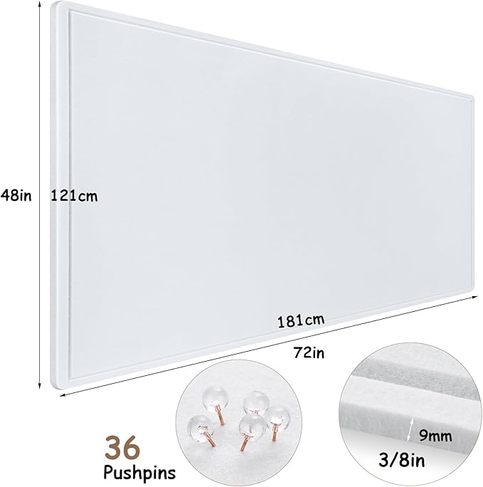 Large Bulletin Board, Foldable 72x48 Inches Cork Board Alternative, Large Felt Board Decorative Pin Board for Wall, Foldable Photo Board Self-Adhesive Vision Board with 36 Pushpins White