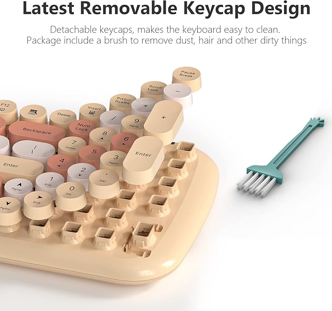 Wireless Keyboard and Mouse Combo, MOWUX - Modern Compact Layout, Colorful Compact Candy Mouse and Retro Round Keyboard Set with Cover, for PC/Laptop/Windows/Mac - Milk-Tea Colorful