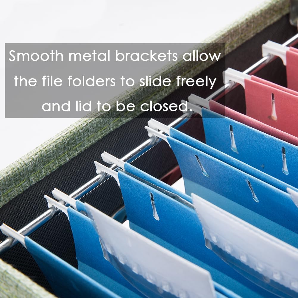 PRANDOM File Organizer Box - Set of 2 Collapsible Decorative Linen Filing Storage Hanging File Folders with Lids Office Cabinet Letter Size Green (14x9.3x10.8 inch)