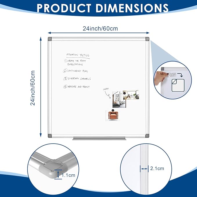 24"x24" Magnetic Whiteboard Wall Mount Dry Erase Board for Home Office, Dorm Room, Cubicle | Square White Board | Space-Saving White Board