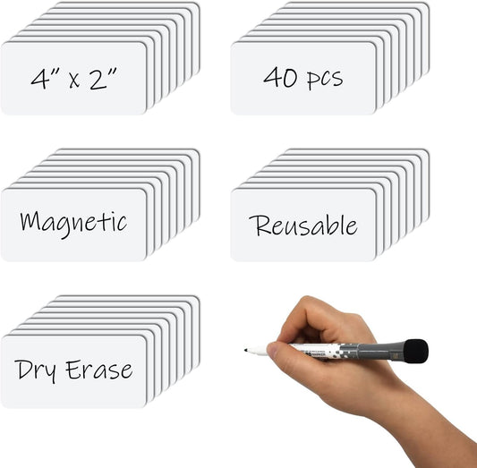 Reusable Magnetic Labels 4x2 Inch White, Dry Erase Magnetic Labels for Whiteboards，Pack of 40