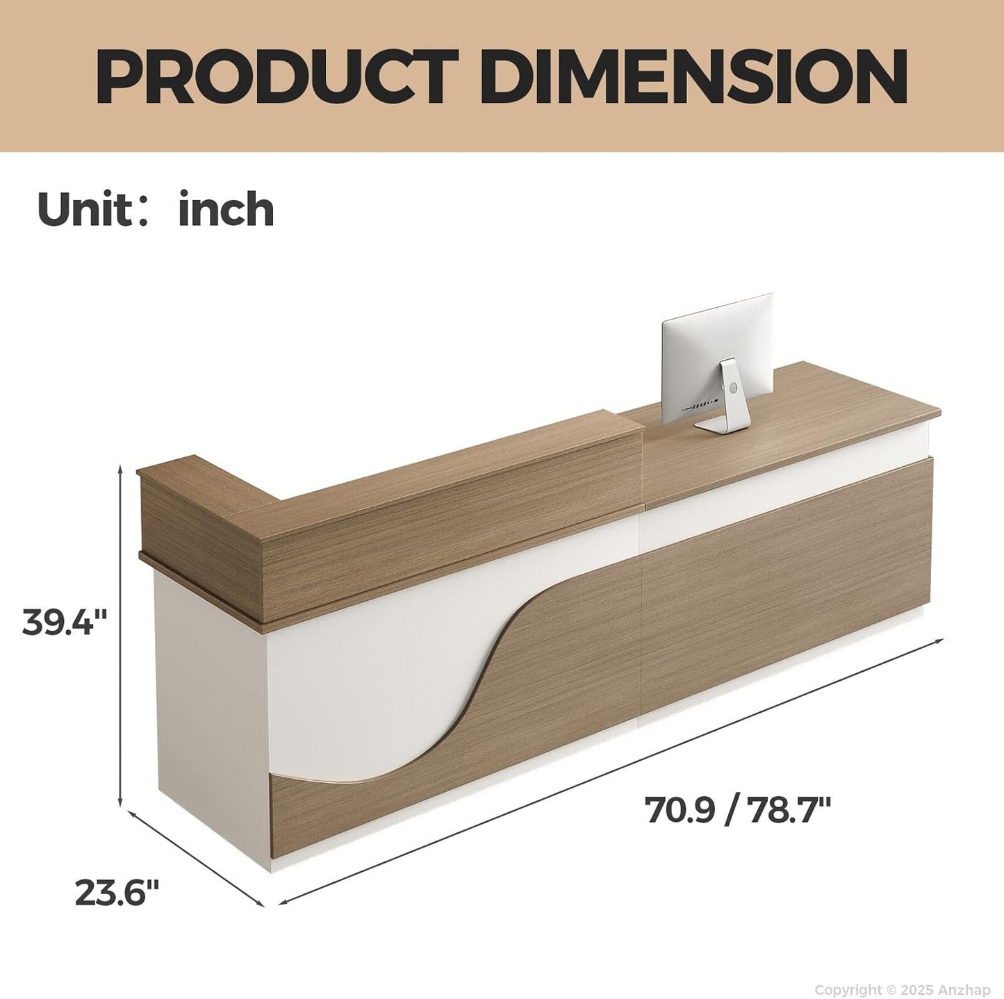Modern Reception Desk – L Shaped Front Desk Checkout Counter with Drawers, Storage Cabinet and Double-layer tabletop for Office, Salon, Lobby, Cashier (White+Natural/Right, 79"L * 24"W * 39"H)