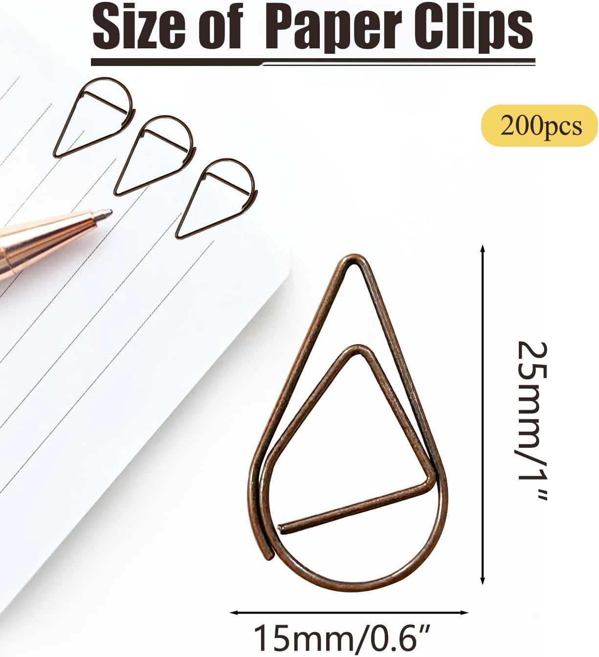 200 Pcs Teardrop Paper Clips Bulk,Stainless Steel Rust-Resistant Paperclips for Wedding Invitations, 3X Stronger Hold with Mirror Polish (Copper, 1inch)