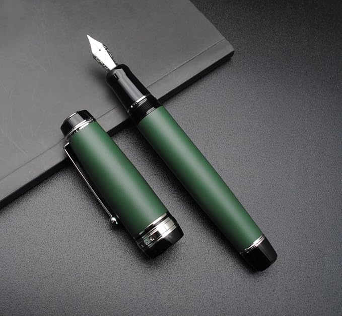 Metal Big Fountain Pen Set Medium Nib 0.7mm, Includes Ink Refill Converter, 5 Ink Cartridges & Gift Box (Medium Nib 0.7mm, Matte Green with Silvery Clip)