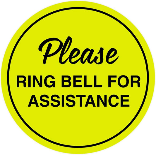 Signs ByLITA Circle Please Ring Bell For Assistance Wall or Door Sign | Easy Installation | Front Desk Reception Sign (Yellow/Black) - Large (5 Pack)