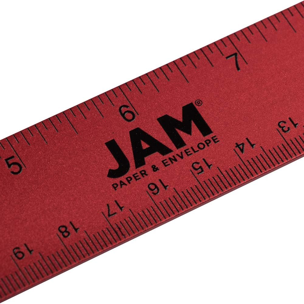 JAM PAPER Strong Aluminum Ruler - 12 Inch - Metal Ruler with Non-Skid Cork Backing - Red Metallic - Sold Individually