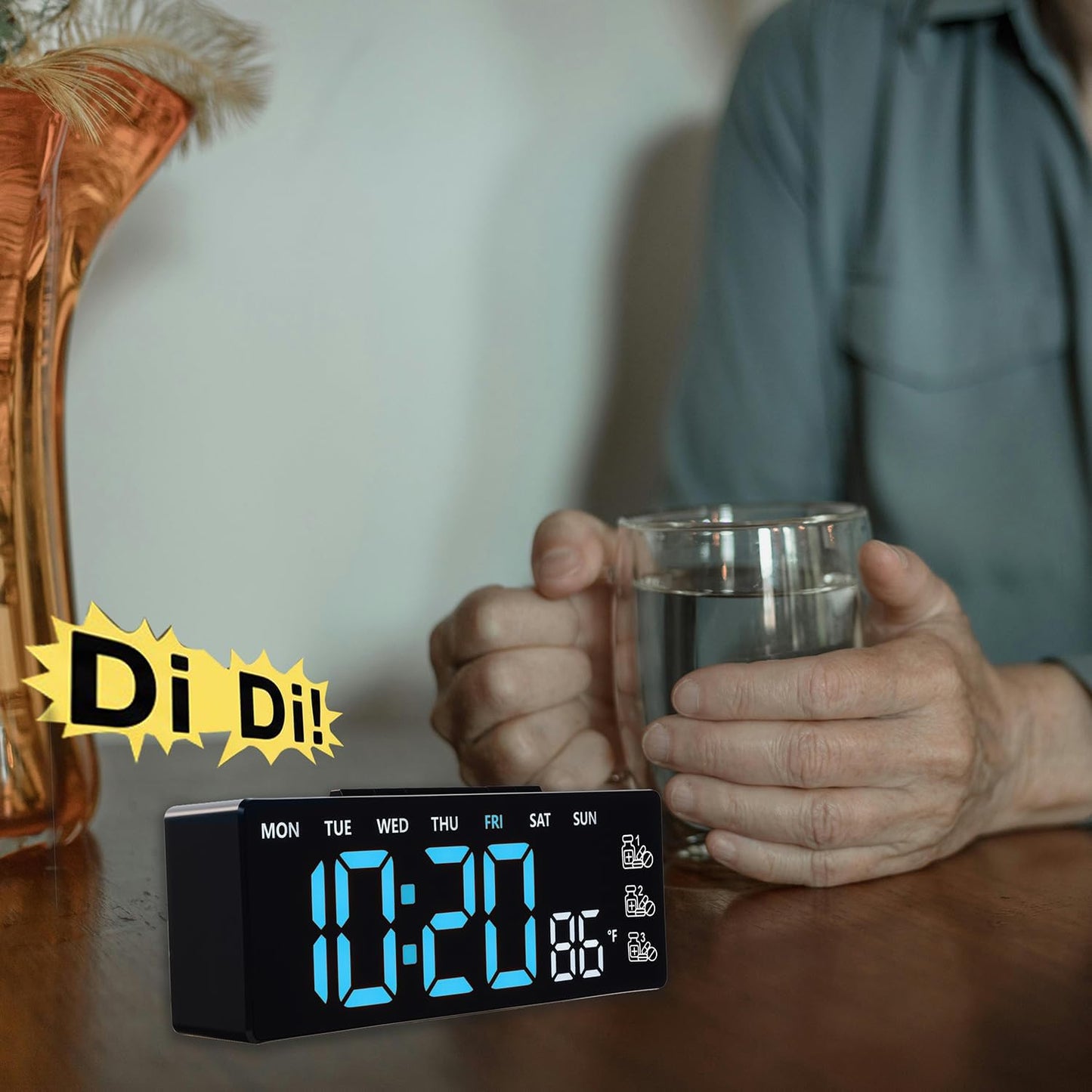 8 Inch LED Digital Desk Clock with Medication Reminders – Large Display with Time, Date, Day, Temperature, Triple Pill Alerts, Dual Alarm, Silent Clock for Home and Office,Blue