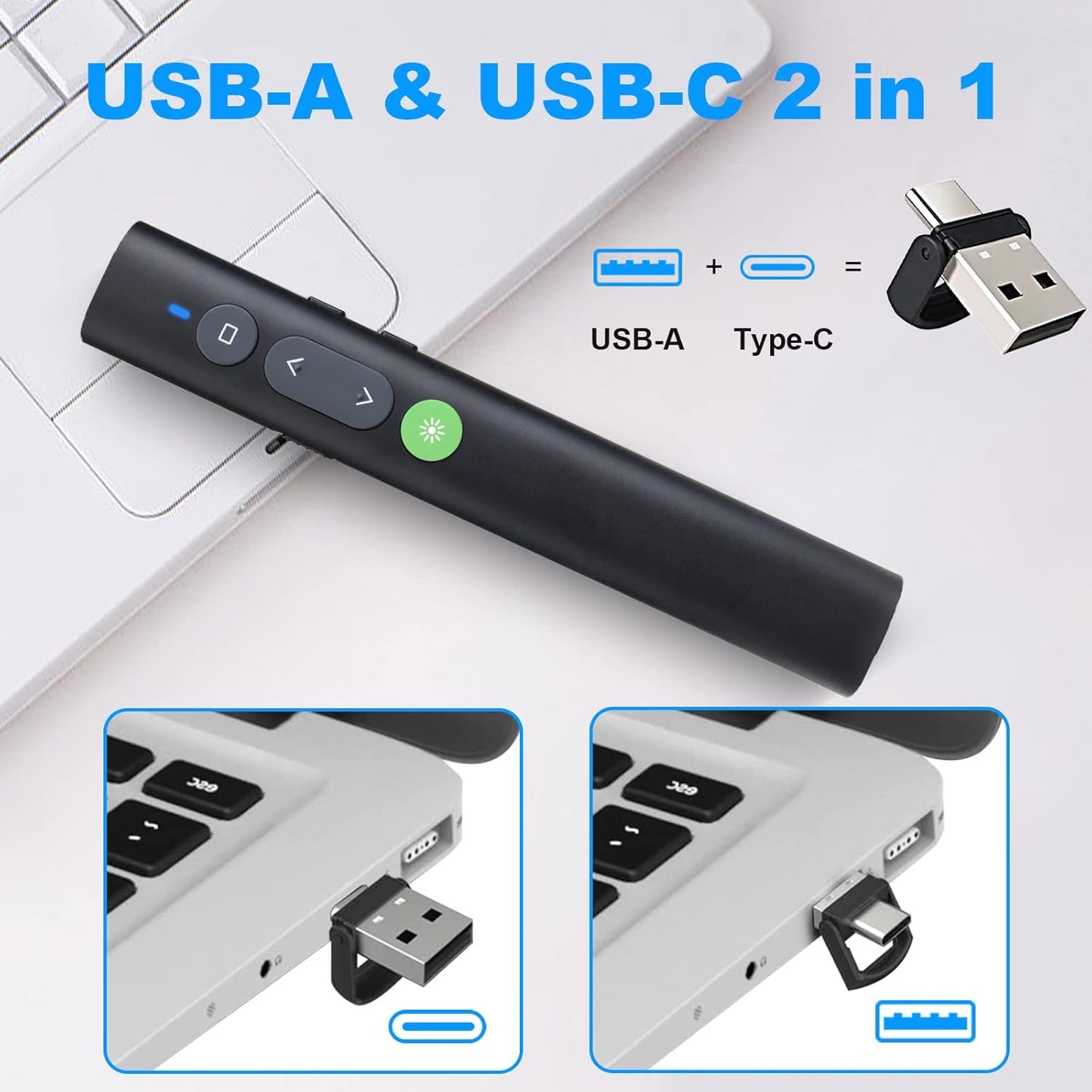 Rechargeable Presentation Clicker for PowerPoint Green Light Pointer, USB-A/USB-C Wireless Presenter Remote, Google Slide Advancer Smart Board Slideshow PPT Clicker for Mac/Laptop/Computer/Office