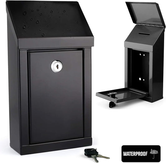 Metal Donation Box-Suggestion Box with Slot and lock-Cash Lock box for Money-Waterproof Drop Box-Comment and ballot voting box-comes with pre-drilled holes for easy wall mounting 10x6x2.5"(Black)