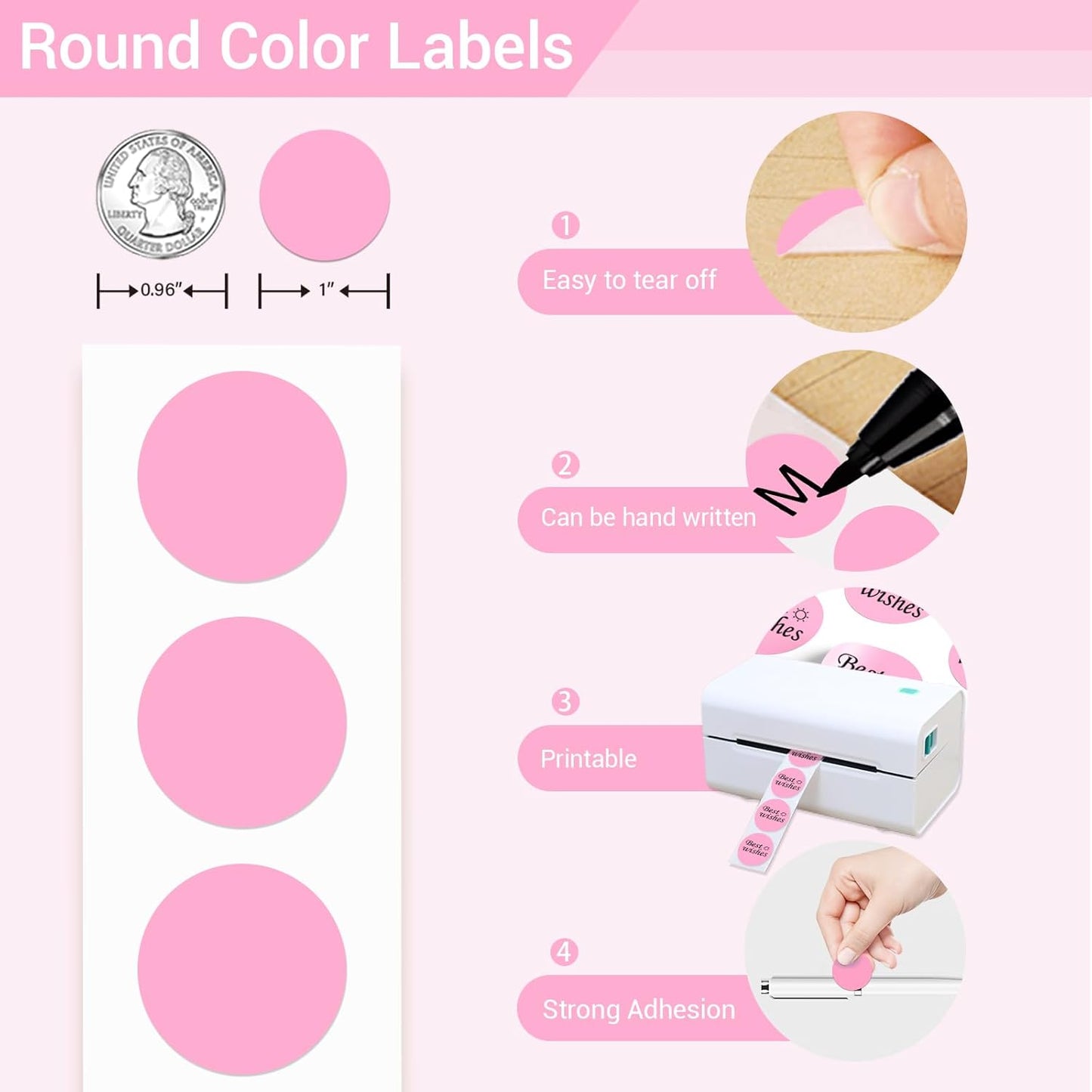 1 Inch Circle Dot Stickers 1000 PCS Color Coding Thermal Labels Dots Writable Printable Small Round Stickers for Office, Classroom, Inventory, Garage, Organizing Storage, DIY, Pink