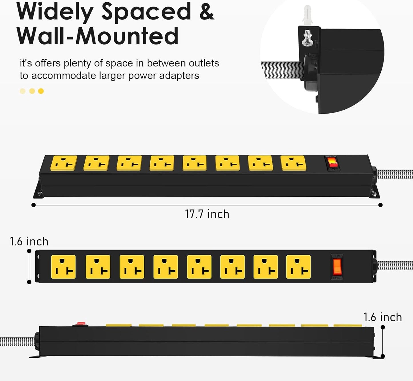 20Amp Power Strip Surge Protector, Durable Metal 8-Outlets with Heavy Duty 20 amp 10Ft 12 Gauge Extension Cord for Garage Workshop & Industrial Use, 1200J