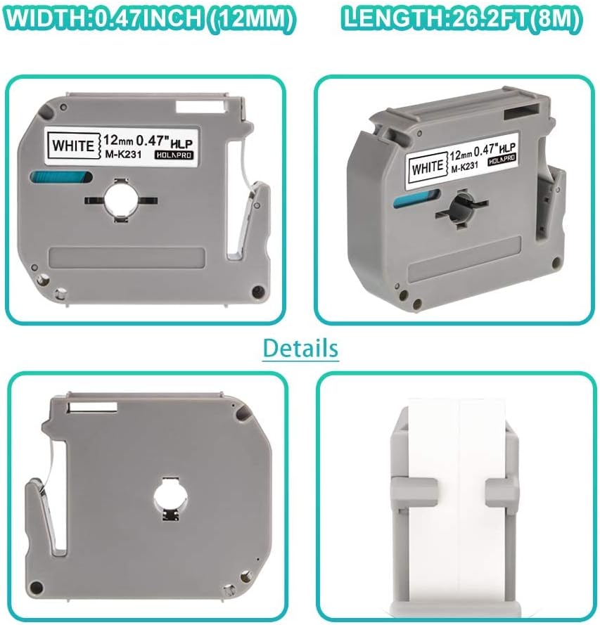 6 x Label Maker Tape Replacement for Brother P Touch M Tape M-K231 M-K231s MK231 MK-231 M231 12mm 0.47 White, Compatible with Brother P Touch PT-M95,PT-90,PT-70,PT-65,PT-85 Label Maker Refills,26.2 Ft