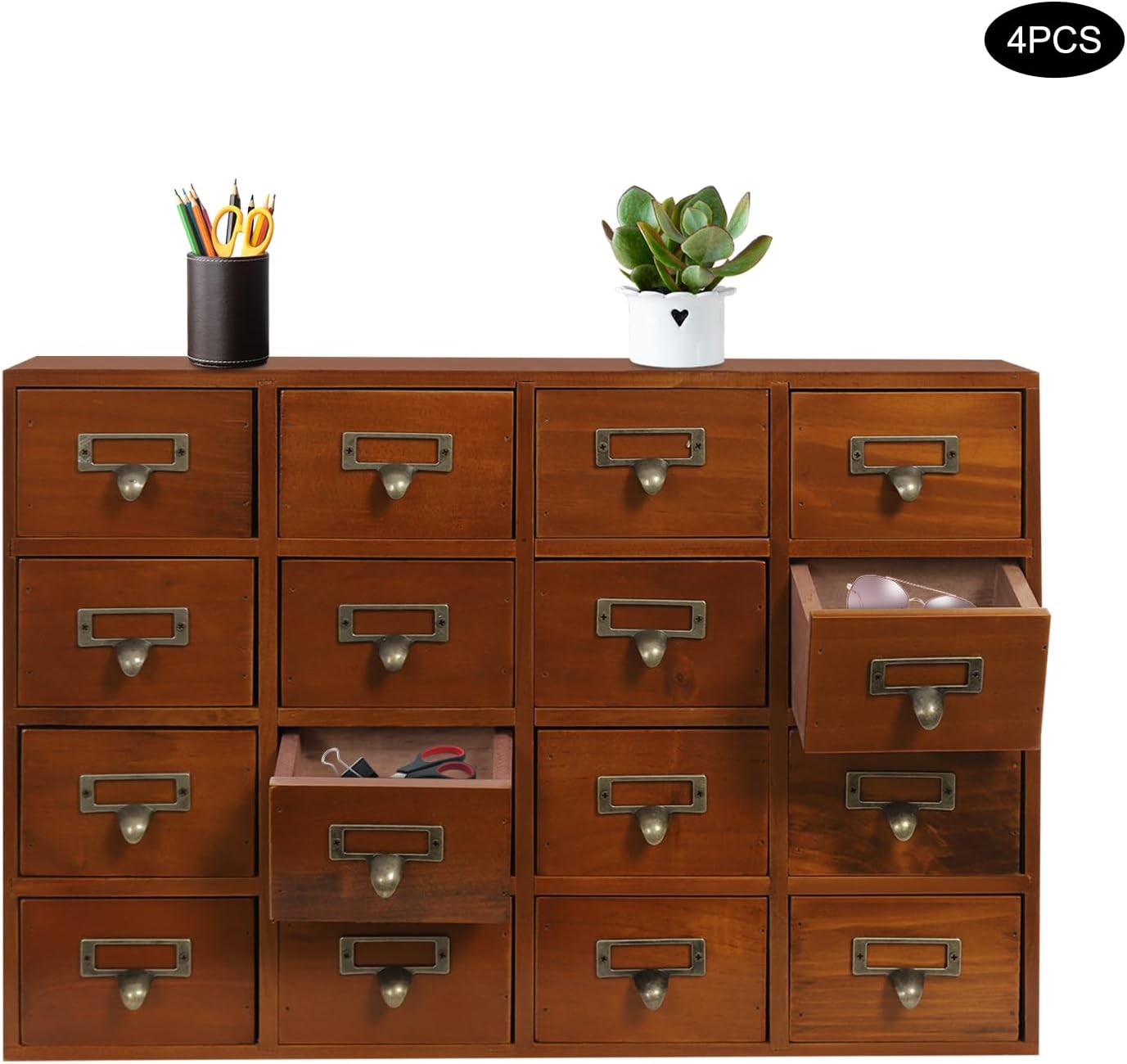 64-Drawer Wood Desk Drawer Organizer, Vintage Tabletop Apothecary Cabinet Wooden Desk Organizer, Card Catalog Cabinet for Dresser, Kitchen, Office Organization and Storage (Brown)