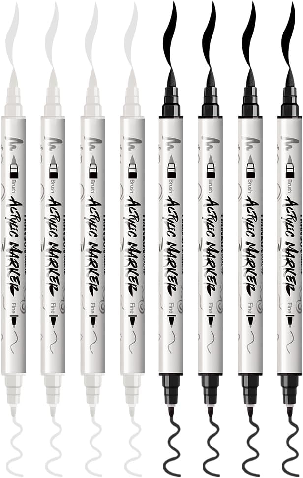 TRANSON 4 Black and 4 White Paint Markers Brush and Fine Dual-tip Acrylic Paint Marker Set for Rock Painting Glass Canvas Wood Leather Ceramic Painting