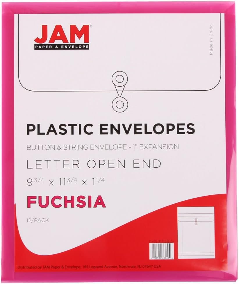 JAM PAPER Plastic Envelopes with Button & String Tie Closure - Letter Open End - 9 3/4 x 11 3/4 - Fuchsia - 12/Pack