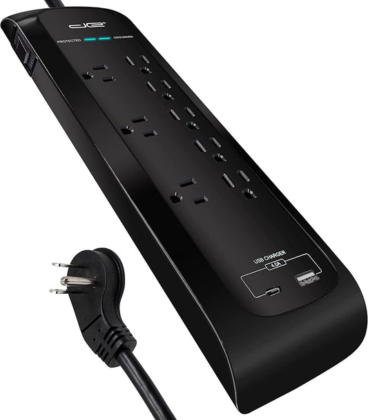 Digital Energy 25 FT USB-C and USB-A 8 Outlet 4200 Joules Surge Protector Power Strip, 3 Wide Spaced Outlets, Black