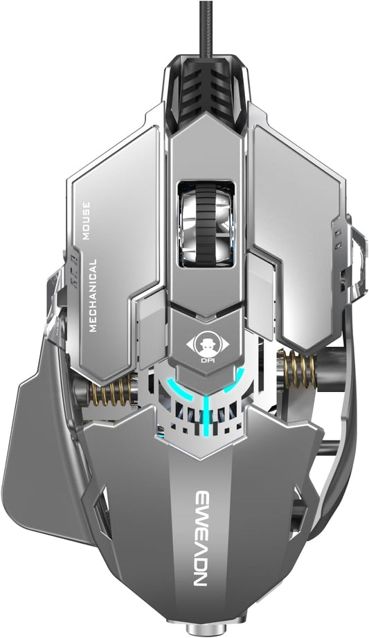 EWEADN G5 Wired Gaming Mouse, Ergonomic RGB Computer Mouse, 12800 Adjustable DPI, 9 Programmable Macro Buttons with Rapid Fire Key Compatible for PC/Laptop/Windows-Grey&White