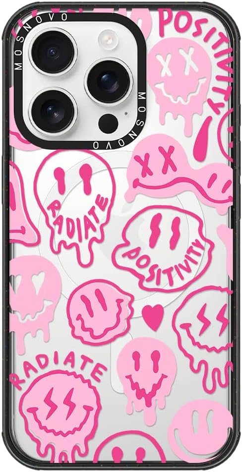 MOSNOVO Magnetic Case for iPhone 16 Pro, 10ft Military-Grade Protection, Compatible with Magsafe, Shockproof Phone Case for iPhone 16 Pro - Pink Dripping Smiles - Clear Black