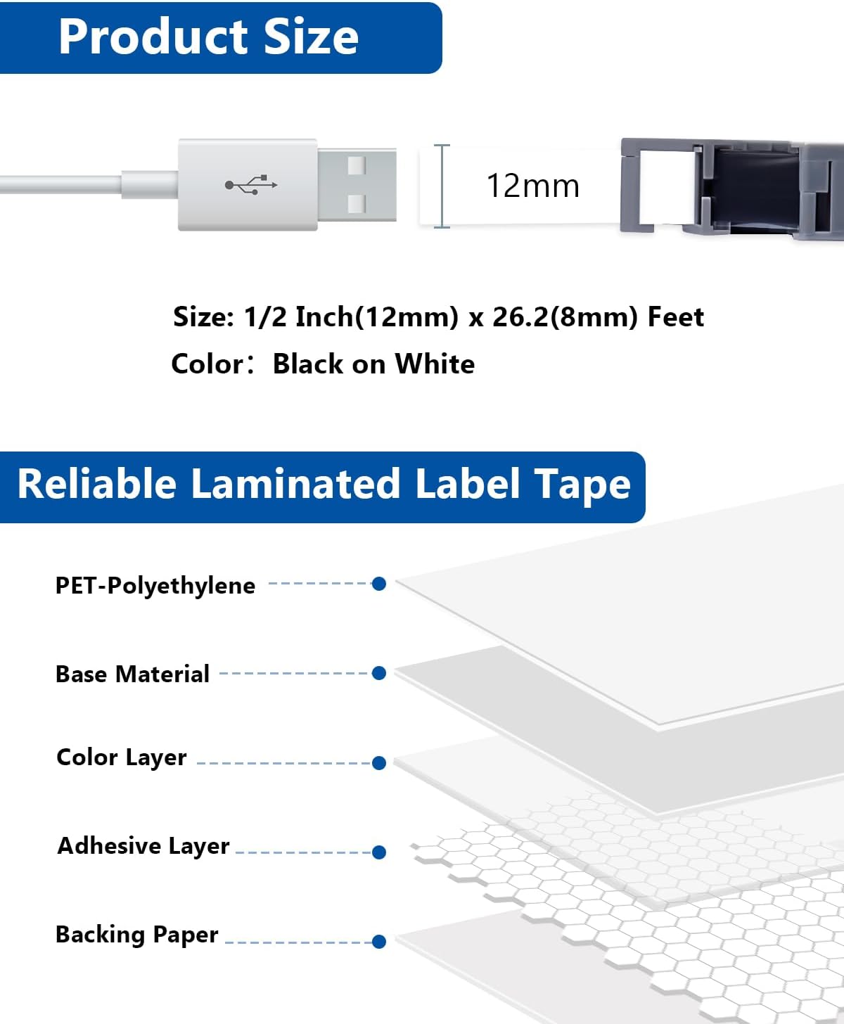 20-Pack Compatible with P Touch PT-D220 Label Maker Tape for TZe 12mm 0.47 Inch Label Tape Laminated White 1/2 Work with P Touch PT-H110 D210 D220 D400 D600, Black on White